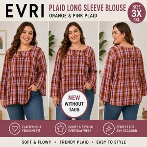 EVRI Orange Pink Plaid Long Sleeve Blouse Size 3X